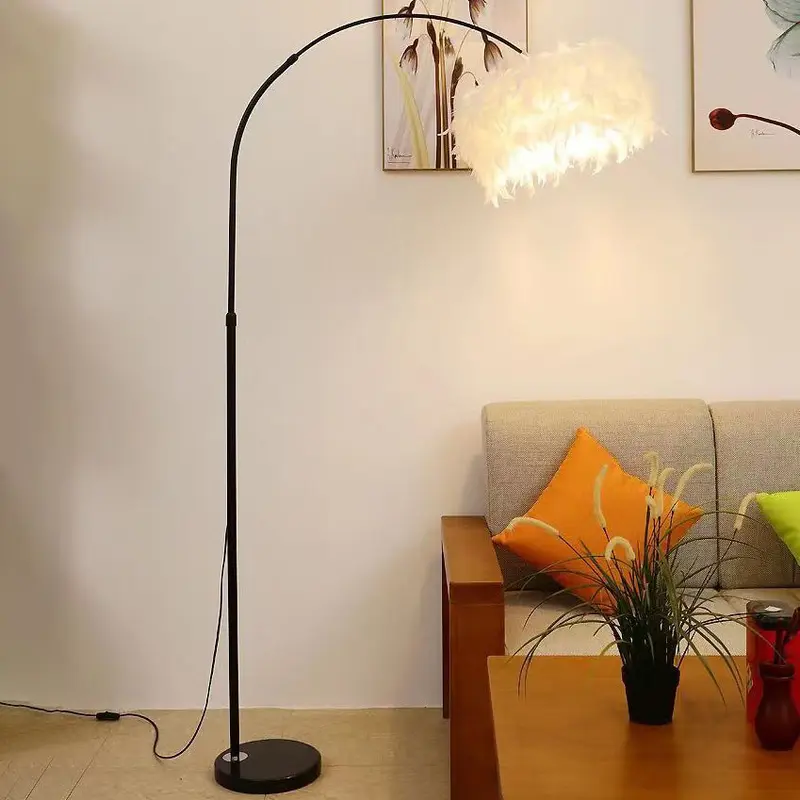 Contemporary Creative Retractable Curved Round Feather Iron Marble 1-Light Standing Floor Lamp For Living Room