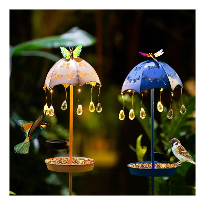 Contemporary Creative Solar Waterproof Iron Umbrella Raindrop Dynamic Bird Feeder LED Outdoor Light Landscape Lighting For Garden