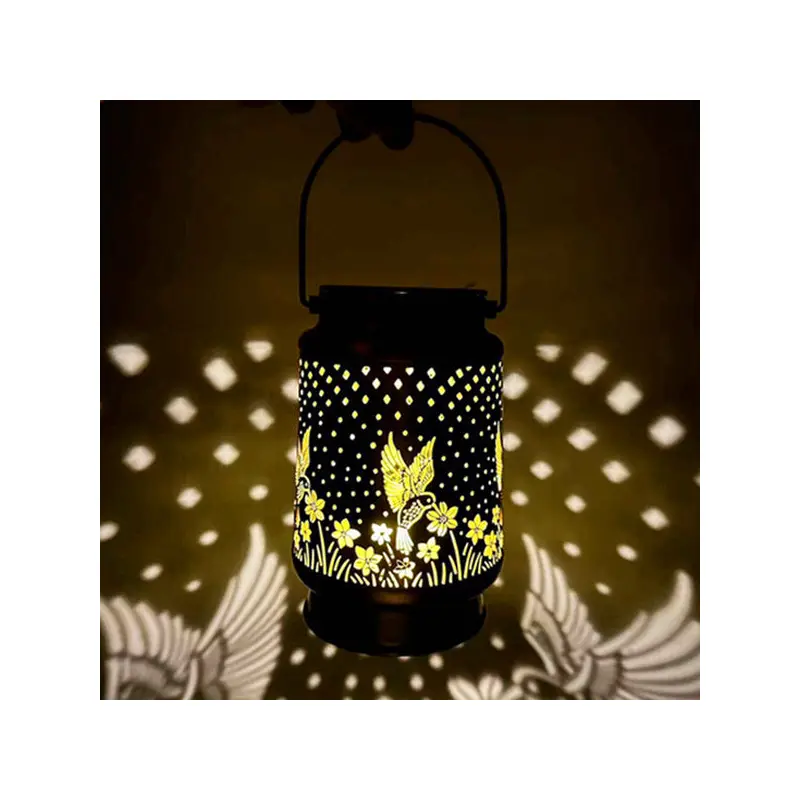 Contemporary Retro Solar Waterproof Iron Portable Hollowed Lantern Bird Flower LED Outdoor Light Landscape Lighting For Garden