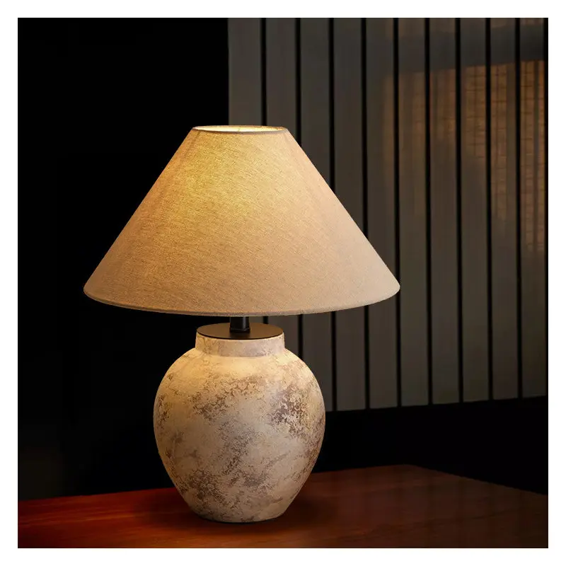 Traditional Vintage Handmade Ceramic Fabric Conic Pot 1-Light Table Lamp For Bedside