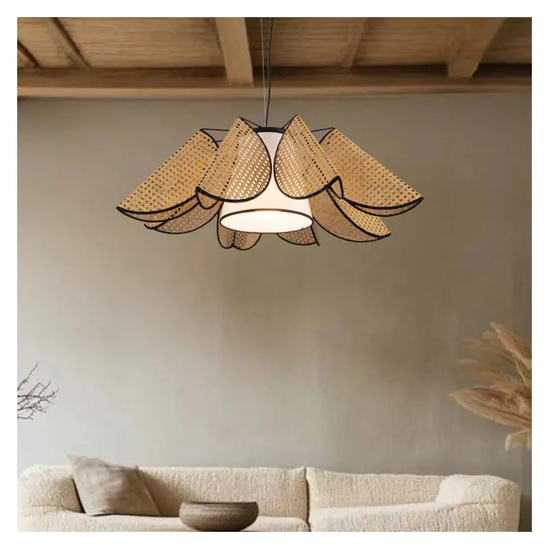 Contemporary Boho Folded Leaves Rattan Weaving Trapezoid Fabric Lampshade Hardware 1 - Light Chandelier For Dining Room