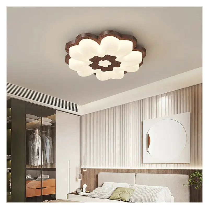Contemporary Creative Flower Shape PE Rubberwood LED Flush Mount Ceiling Light For Bedroom