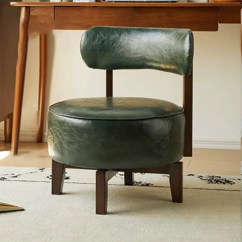 Traditional Vintage Swivel Round Wood Oil-waxed Leather Chair Backrest For Living Room