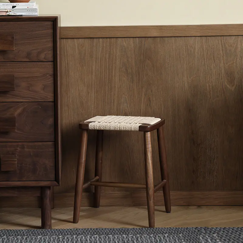 Contemporary Scandinavian Rectangular Wood Rope Chair Backless Armless For Living Room