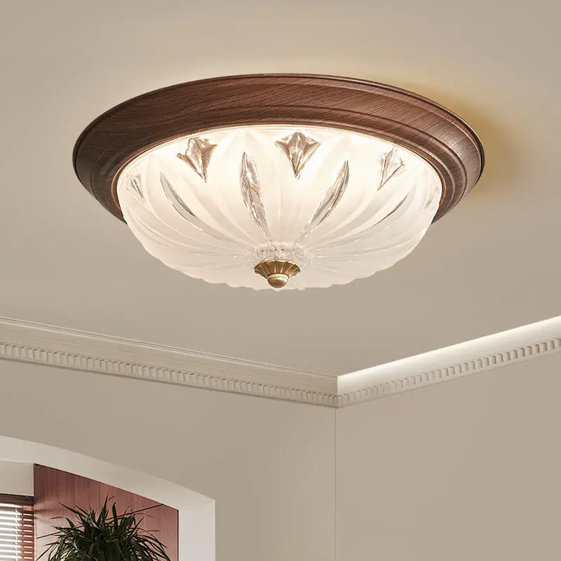 Traditional Vintage Round Wood Glass LED Flush Mount Ceiling Light For Living Room