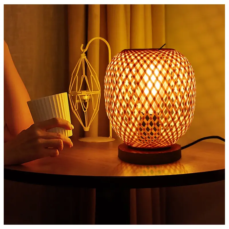 Contemporary Creative Openwork Round Bamboo Wood 1-Light Table Lamp For Living Room