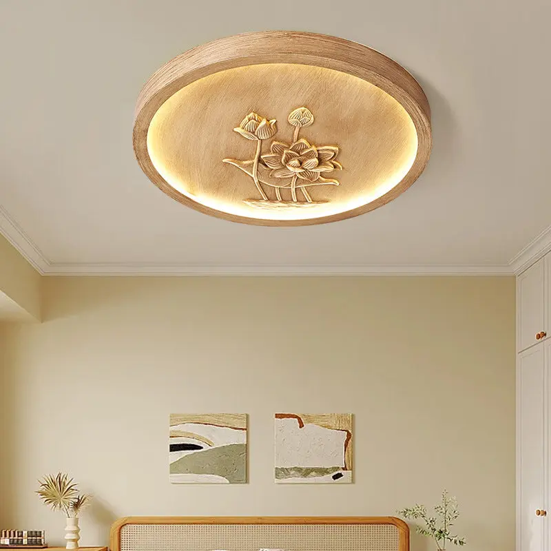 Traditional Chinese Resin Iron Acrylic Round Engraved Lotus Flower LED Flush Mount Ceiling Light For Bedroom