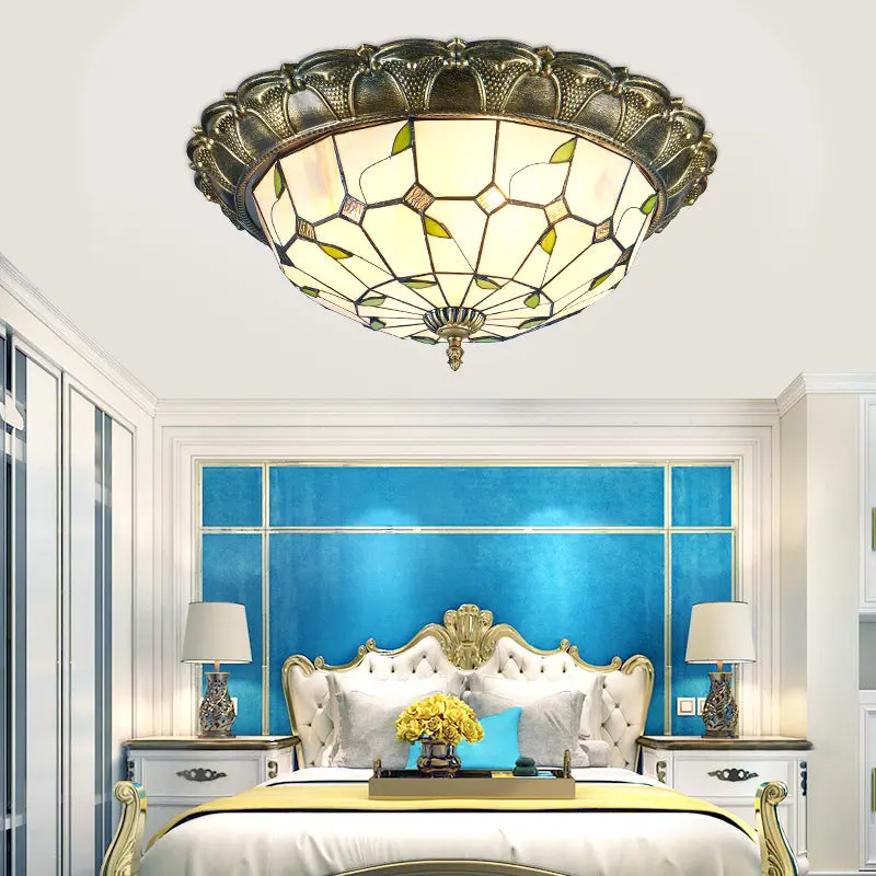 Traditional European Round Dome Leaf Iron Glass LED Flush Mount Ceiling Light For Living Room