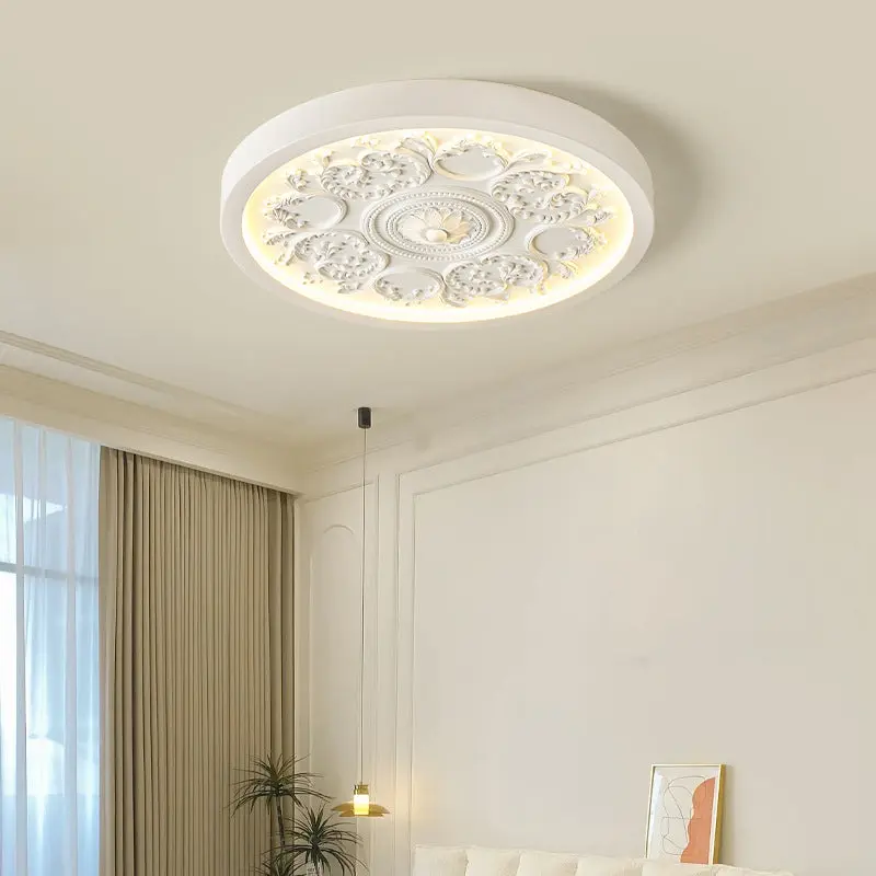 Traditional French Resin Iron Acrylic Round Engraved Flower LED Flush Mount Ceiling Light For Bedroom