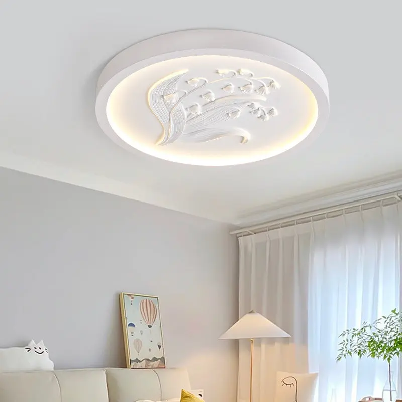 Traditional French Resin Iron Acrylic Round Engraved Suzuran LED Flush Mount Ceiling Light For Bedroom