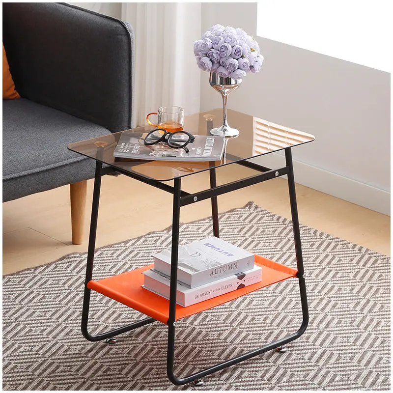 Contemporary Scandinavian Transparent Glass Iron Side Table 2 - Tier For Living Room