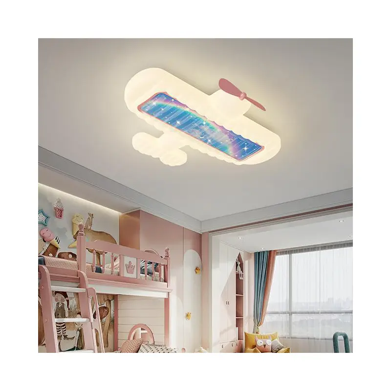 Contemporary Creative Cream Cartoon Airplane Shape Rectangle PE Iron LED Flush Mount Ceiling Light For Bedroom