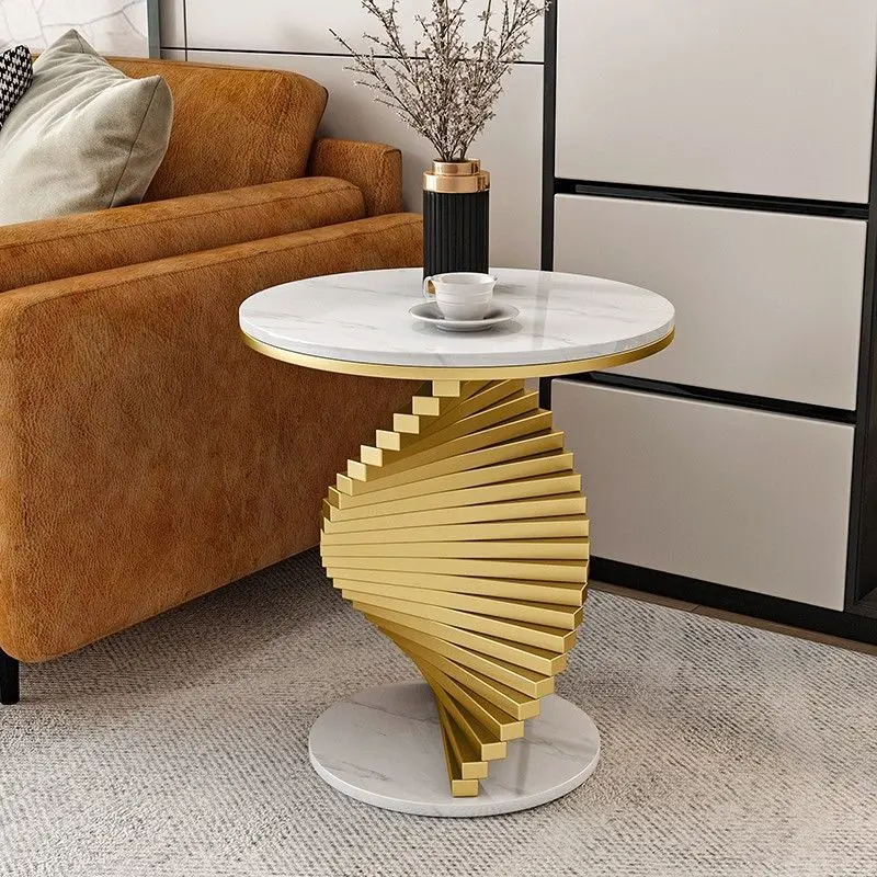 Contemporary Luxury Round Iron Marble Side Table 2-Tier For Living Room