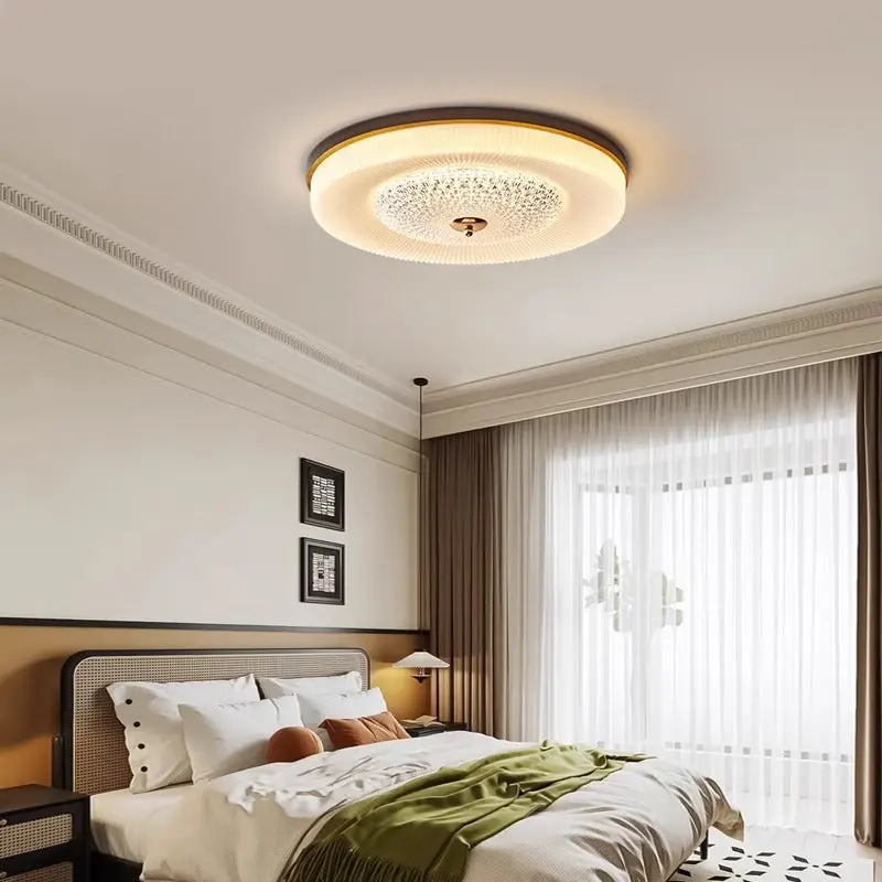 Traditional Vintage Round Wood Acrylic LED Flush Mount Ceiling Light For Living Room