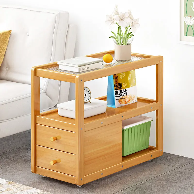 Modern Minimalist Removable Rectangular Glass Nan Bamboo Density Board End Table 3-Tier 2-Drawer For Living Room