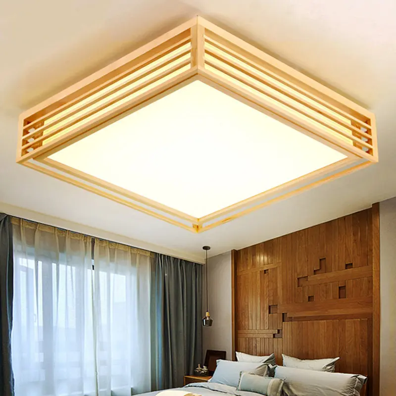 Traditional Japanese Square Pine Wood Frame Acrylic Shade LED Flush Mount Ceiling Light For Bedroom