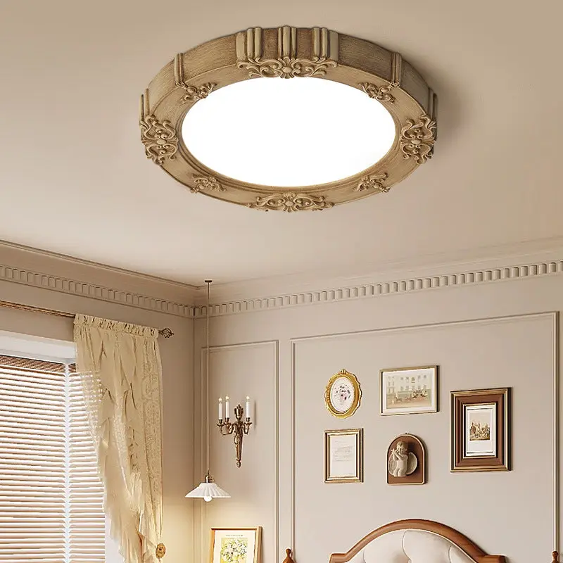 Traditional French Round Carved Flower Iron Resin Acrylic LED Flush Mount Ceiling Light For Bedroom