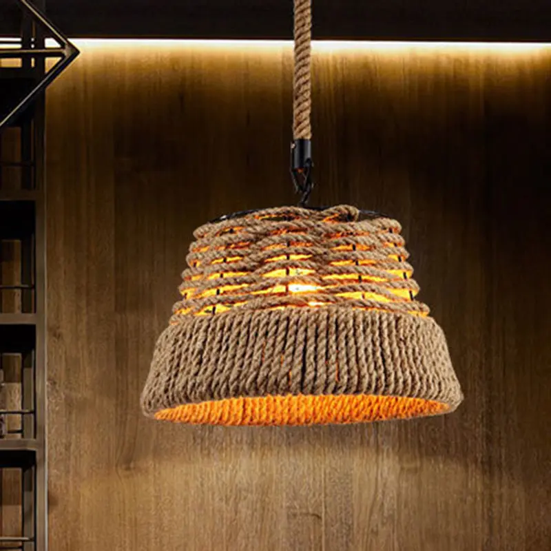 Traditional Vintage Round Iron Hemp Rope Shade 1-Light Pendant Light For Living Room