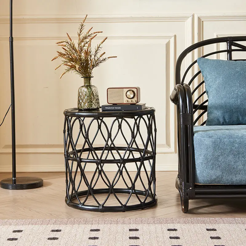 Contemporary Scandinavian Cylinder Rattan Weaving Net Solid Wood Side Table 1 - Tier For Living Room