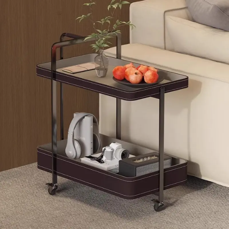 Contemporary Scandinavian Rectangle Faux Saddle Leather Stainless Steel Side Table 2 - Tier For Living Room