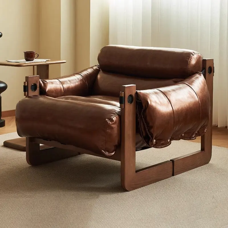 Traditional Vintage Rectangular Wood Leather Accent Chair Backrest Armrest For Living Room