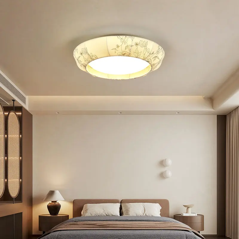 Traditional French Print Bowl Shape Round Iron Fabric LED Flush Mount Ceiling Light For Bedroom