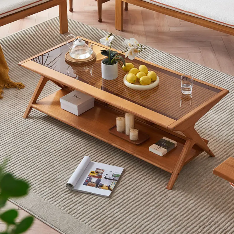 Traditional Japanese Rectangle Triangle Support Glass Ash Wood Rattan End Table 2-Tier For Living Room