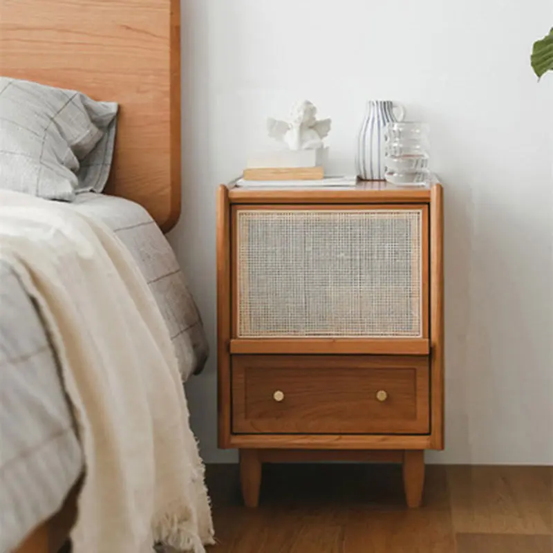 Traditional Japanese Square Rectangle Rattan Wood Nightstand 2-Drawer For Bedroom
