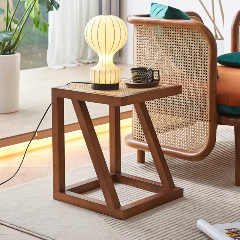 Traditional Vintage Square Bookplate Shape Triangle Support Ash Wood Rattan End Table 1-Tier For Living Room