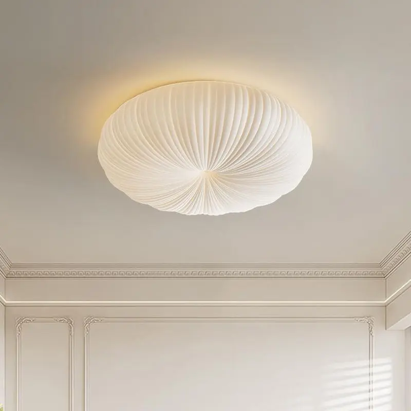 Contemporary Creative Cream Round Striped Iron Acrylic Shade LED Flush Mount Ceiling Light For Bedroom