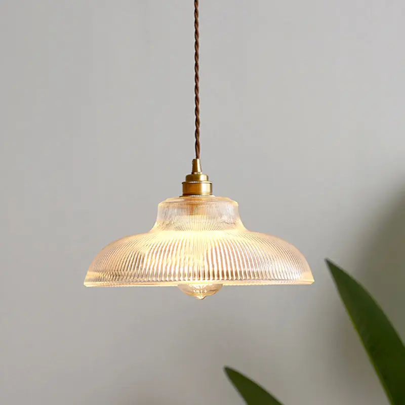 Traditional Vintage Round Pot Lid Shape Brass Striped Glass 1-Light Pendant Light For Living Room