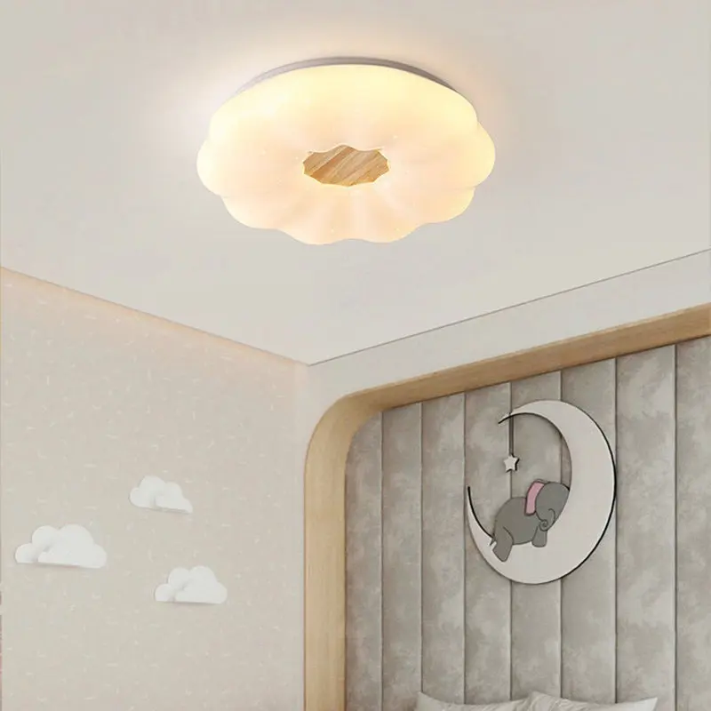 Contemporary Creative Round Cloud Shape Solid Wood Iron Acrylic Shade LED Flush Mount Ceiling Light For Bedroom