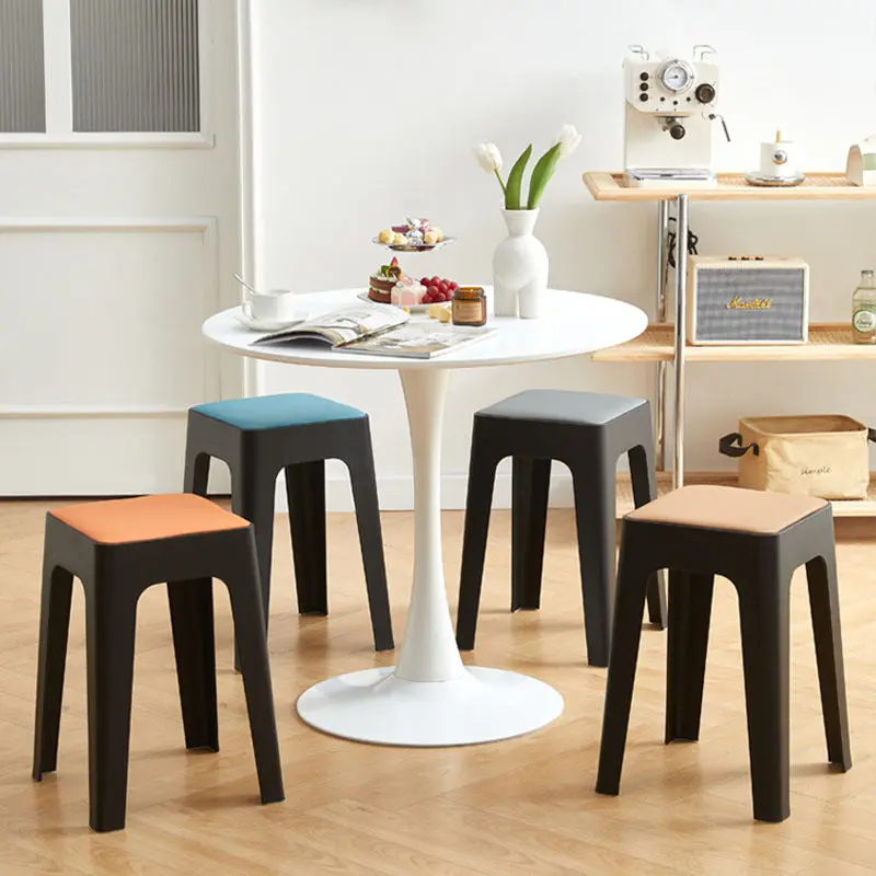 Contemporary Nordic Geometry Square Artificial Leather Plastic Stackable Chair Non-Slip Legs For Bedroom