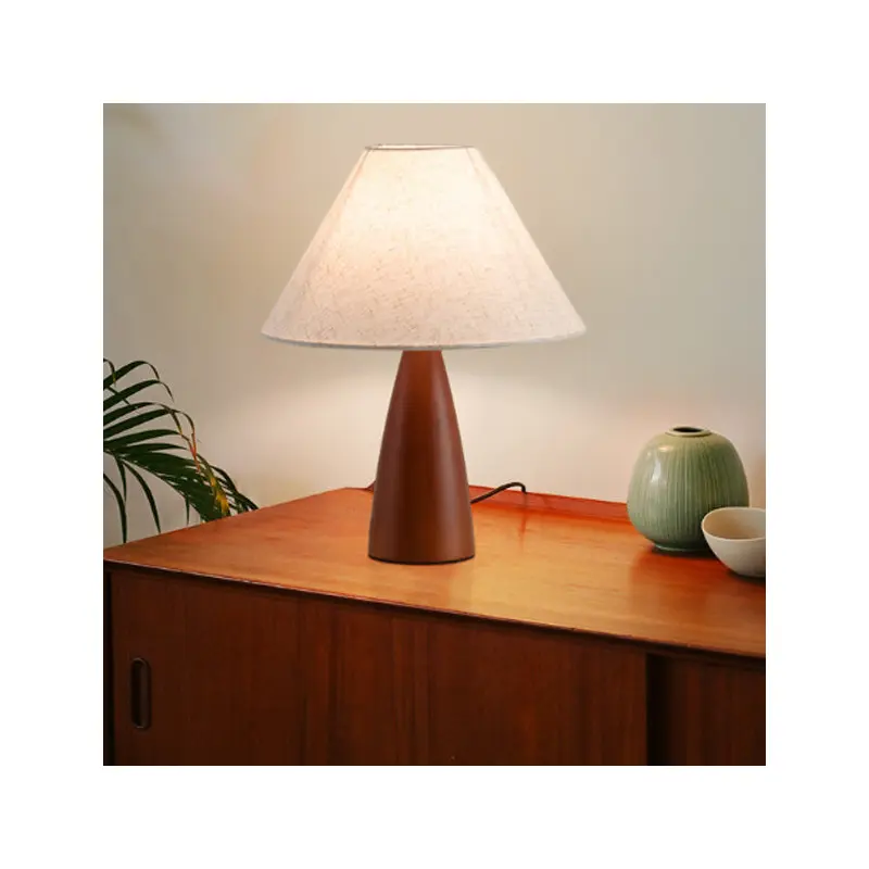 Traditional Japanese Printed Fabric Conical Shade Solid Wood 1-Light Table Lamp For Bedroom