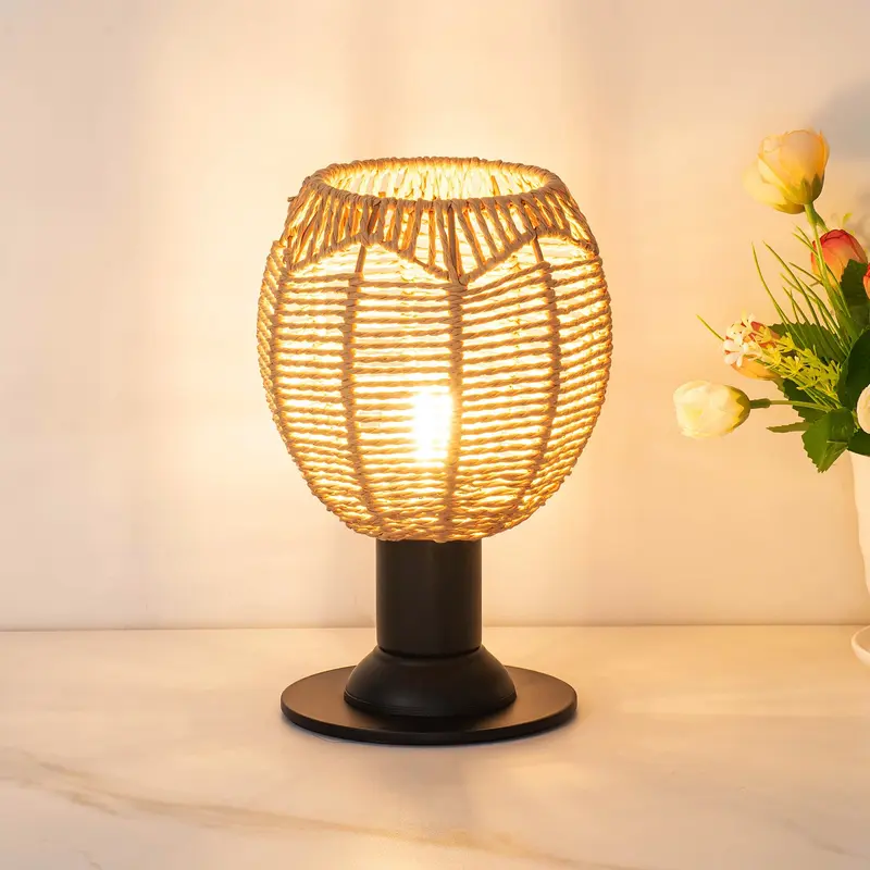 Traditional Vintage Hemp Rope Weaving Cage Hardware 1-Light Table Lamp For Bedroom