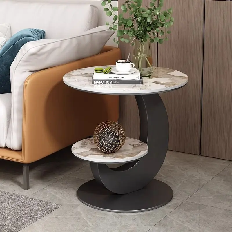 Modern Minimalist Round Curved Metal Rock Slab Side Table 2-Tier For Living Room