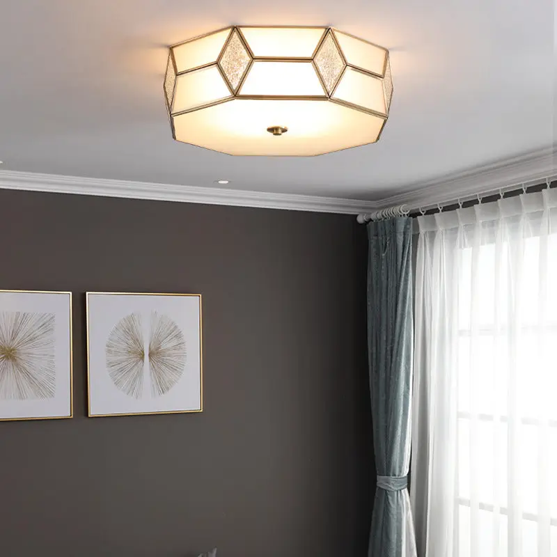 Contemporary Creative Prismatic Trapezoidal Octagonal Glass Copper 3/4/6 Light Flush Mount Ceiling Light For Living Room