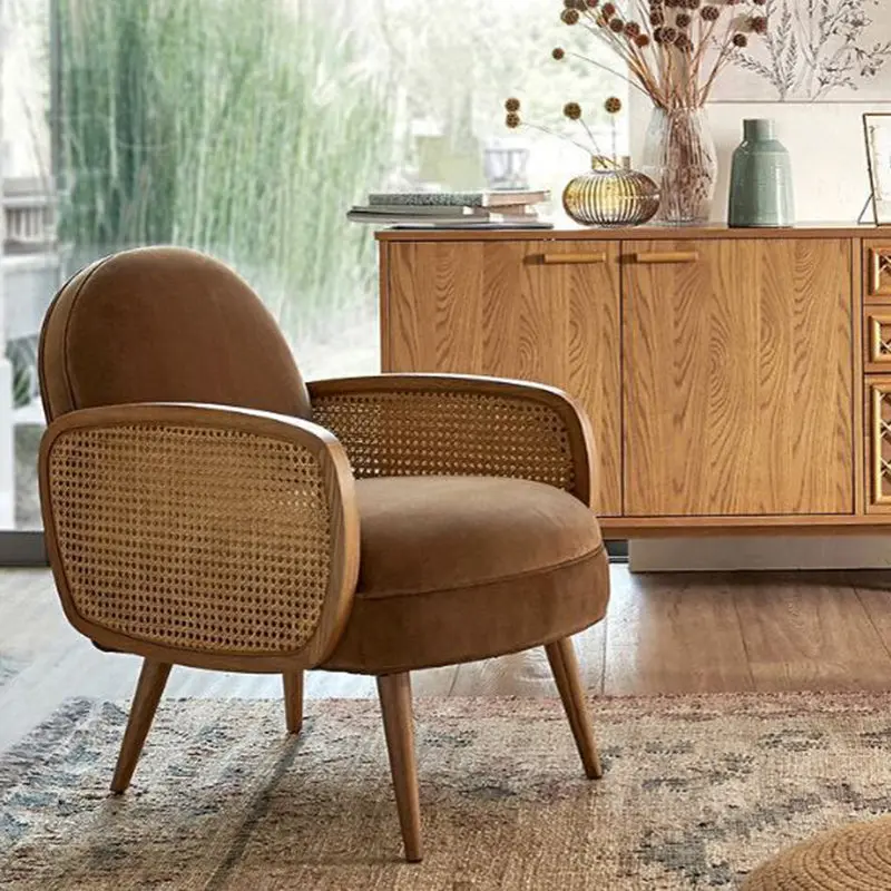 Traditional Japanese Half Round Curved Lambswool Rattan Accent Chair Backrest Armrest For Living Room