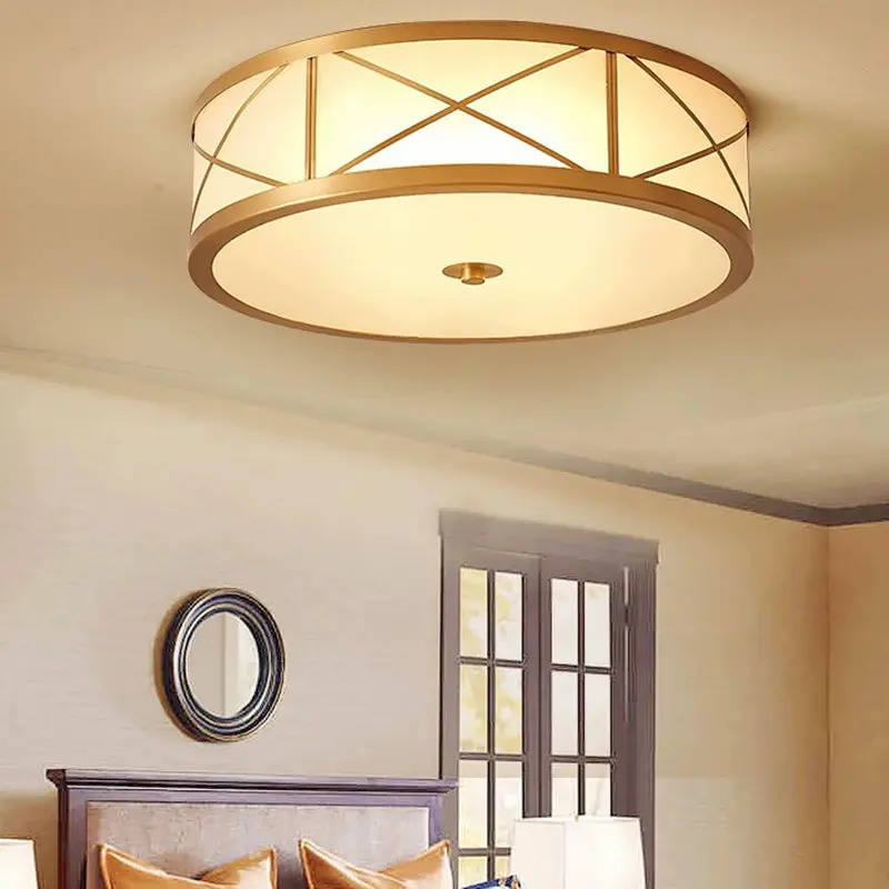 Traditional Rustic Round Distressed Straight Glass Copper 3/4 Light Flush Mount Ceiling Light For Living Room