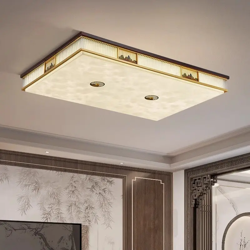 Traditional Chinese Rectangular Brass Faux Marble Glass LED Flush Mount Ceiling Light For Living Room