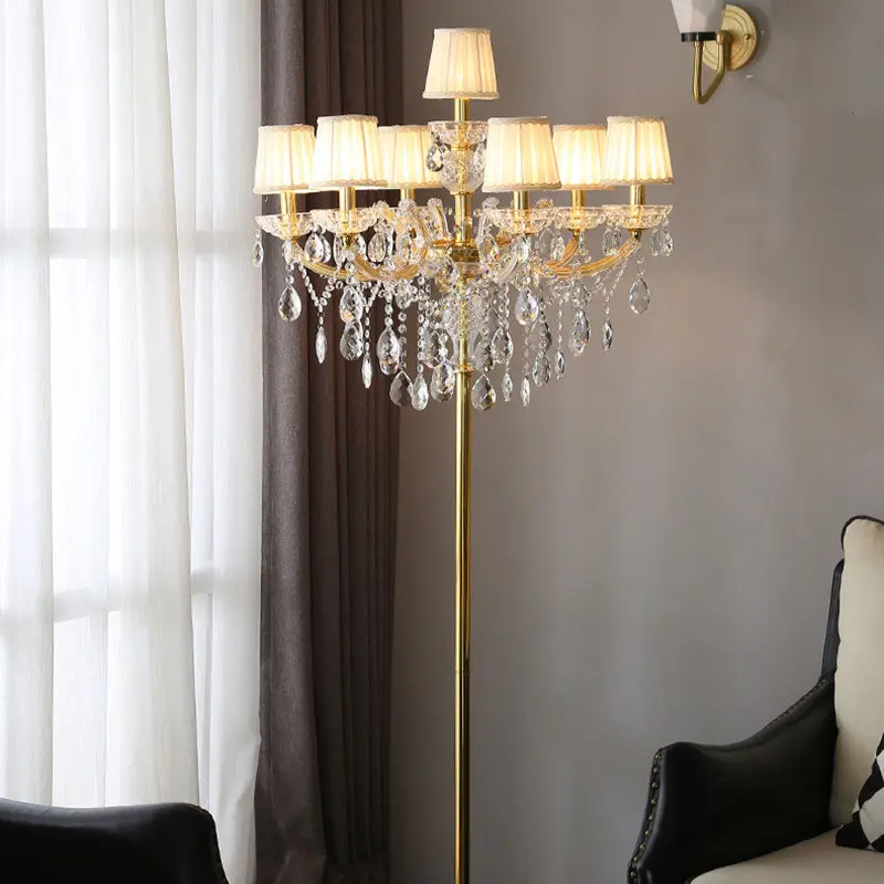 Traditional European Candle Glass Fabric Metal 7-Light Standing Floor Lamp For Living Room
