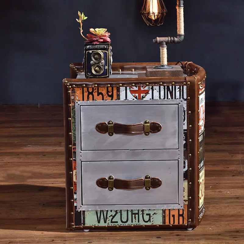 Traditional Vintage Wood PU Leather Cubic Book-Shape Side Table 2-Drawer For Living Room