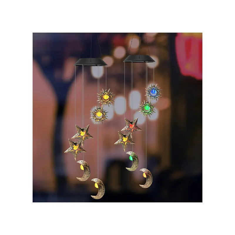 Contemporary Boho Solar Waterproof ABS Metal Moon Sun Star Decoration Wind Chime Hanging LED Outdoor Light Landscape Lighting For Outdoor Patio