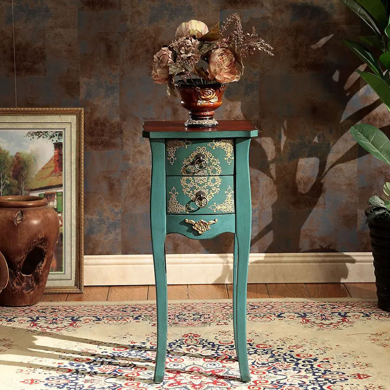 Traditional European Square Arabesque Solid Wood End Table 2-Drawer For Living Room