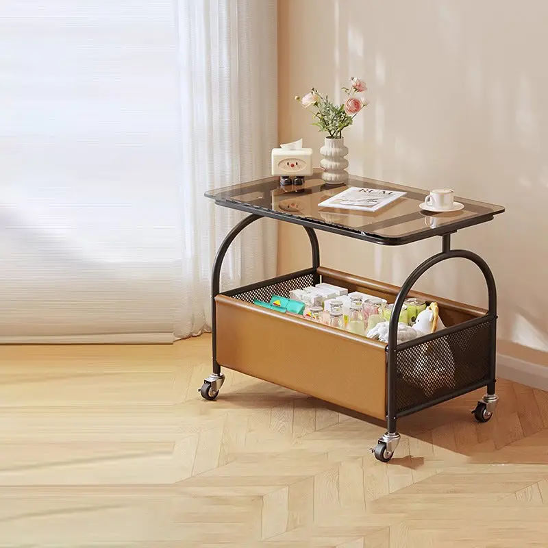 Contemporary Scandinavian Removable Rectangular Iron Leather Glass Side Table 2-Tier For Living Room