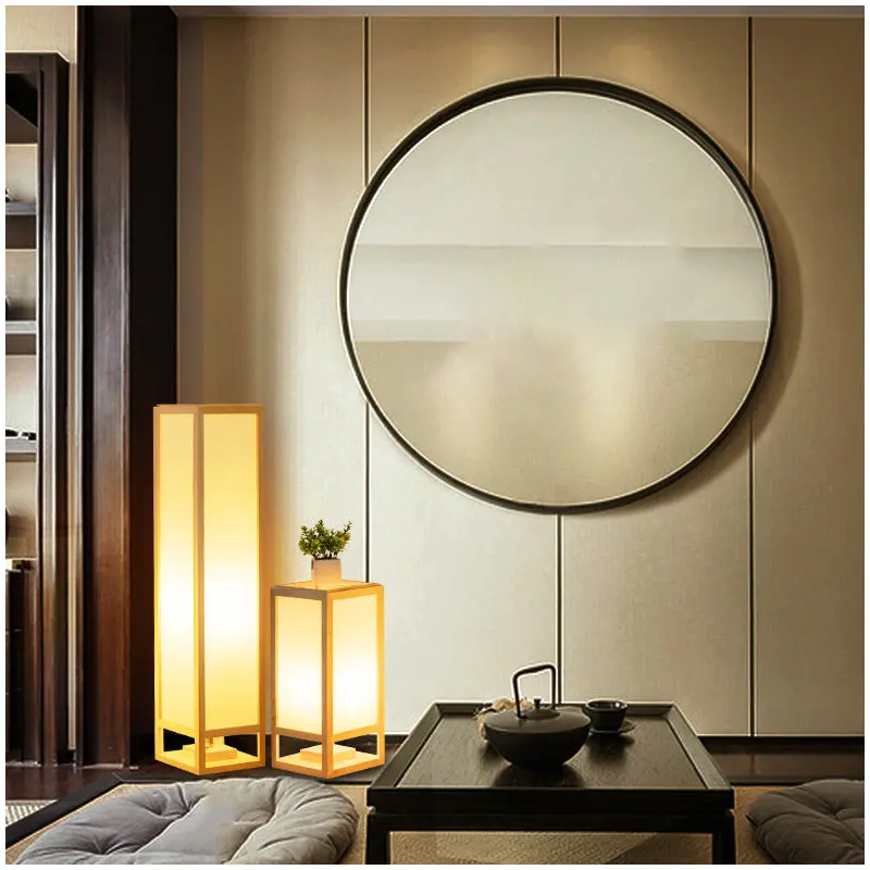 Traditional Japanese Square Rectangle Wood Acrylic 1-Light Standing Floor Lamp For Living Room