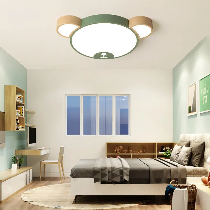 Contemporary Creative Macaron Kids Bear Round Iron Acrylic LED Flush Mount Ceiling Light For Bedroom