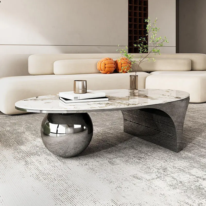 Contemporary Creative Oval Round Ball Marble Metal End Table 1-Tier For Living Room