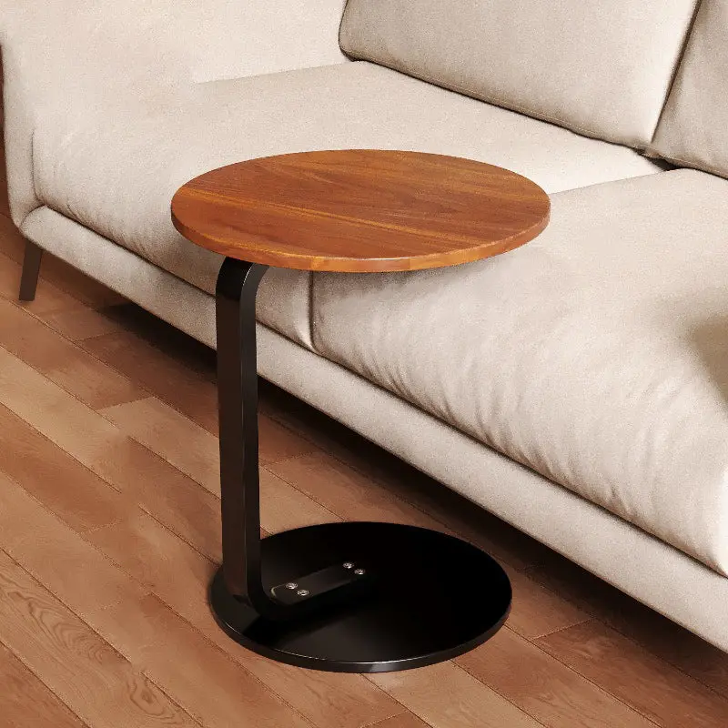 Modern Minimalist Round C-Shape Solid Wood Plank Iron Base End Table For Living Room
