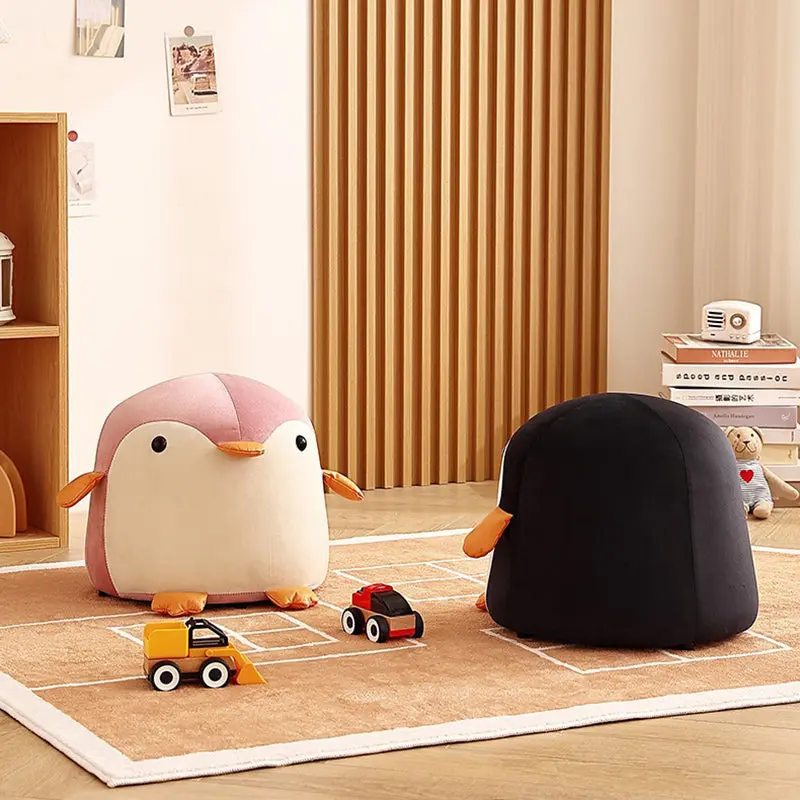 Contemporary Creative Kids Penguin Velvet Solid Wood Low Stool For Living Room
